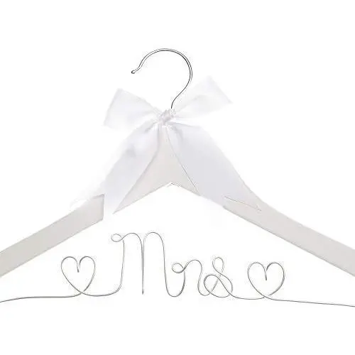 Ella Celebration Mrs Wedding Dress Hanger, Wood and Wire Hangers for Bride (White with Silver Wire)