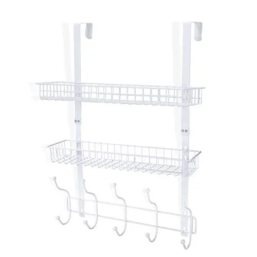Coat Rack, MILIJIA Over The Door Hanger with Mesh Basket, Detachable Storage Shelf for Towels, Hats, Handbags, Coats (White-2 Layer)
