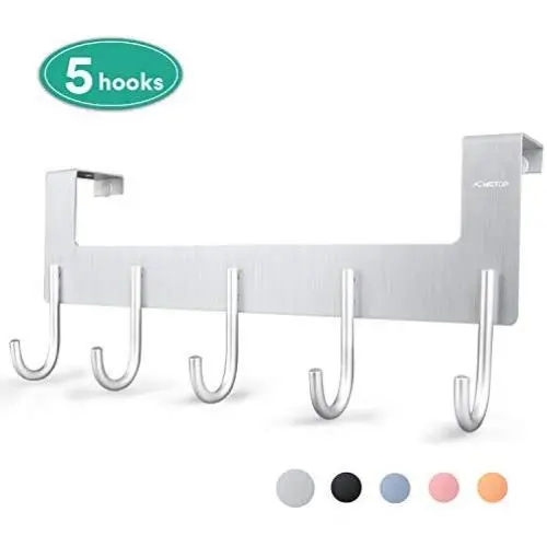 ACMETOP Over The Door Hook Hanger, Heavy-Duty Organizer for Coat, Towel, Bag, Robe - 5 Hooks, Aluminum, Brush Finish (Silver)