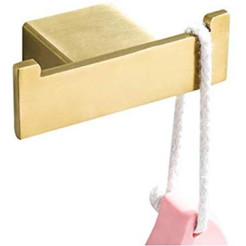 BigBig Home Wall Mount Bathroom Square Style Towel Hook, Elegant Brushed Gold Finish Double Clothes Hooks Coat Hanger for Kitchen Hotel Washroom