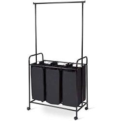 SHAREWIN Rolling Laundry Sorter Cart, Hanging Bar Laundry Hamper 3 Section Heavy-Duty with Wheels