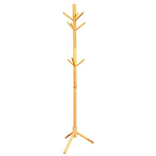 Solid Wood Coat Rack, Lacquered Pine Wooden Hat and Coat Stand with 9 Hooks - Entryway Hall Stand & Free Standing Clothes Tree for Coat Hat Scarves Umbrella Cap Suit and Handbags (Natural wood)