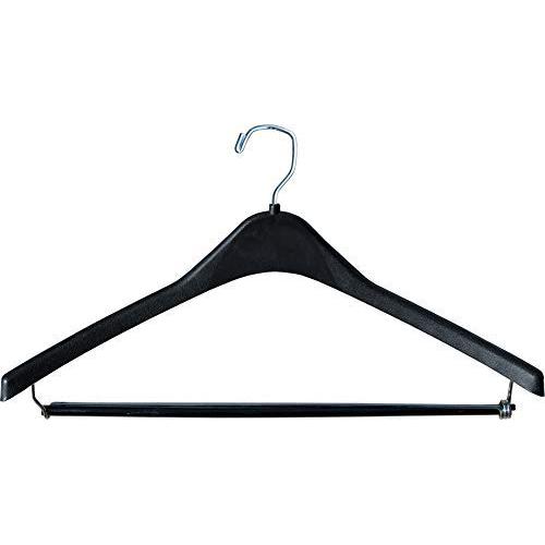 The Great American Hanger Company Heavy-Duty Black Plastic Coat Hanger with Locking Wooden Pant Bar, (Box of 50) 1/2 Inch Thick Countoured Hanger with Chrome Swivel Hook