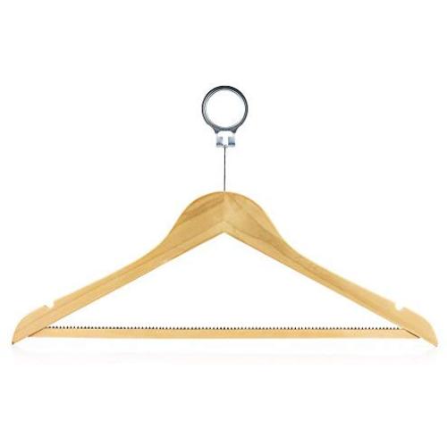 HANGERWORLD 10 Natural Wooden 17.7inch Hotel Coat Clothes Garment Non Slip Inlaid Bar Hangers Metal Security Ring