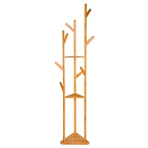 Pentaero 40X40X170Cm Bamboo Clothes Laundry Coat Rack, Tree Stand Coat Hanger 8 Hooks 3-Layer Shelf, Simple Coat Rack, Bedroom Bag Rack Metal Coat Racks, Hat Stand Tree Hanger Rack (Yellow)