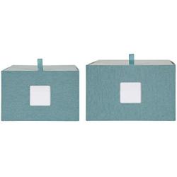 DesignOvation Sturdy Fabric Wrapped Decorative Memory Photo and Memento Organizer/Storage Boxes with Hinged Lids, Includes Dividers, Set of 2, Teal