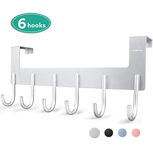 ACMETOP Over The Door Hook Hanger, Heavy-Duty Organizer for Coat, Towel, Bag, Robe - 6 Hooks, Aluminum, Brush Finish (Silver)