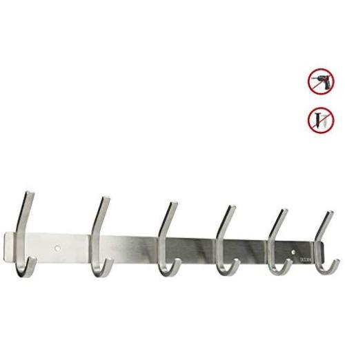 Hawsam Glue No Drilling Wall Mount Coat Double Hook Rack - Heavy Duty 304 Stainless Steel Towel Clothes Hook Holder Hanger for Bathroom Kitchen Bedroom Closet Cabinet Kitchen Office with 6 Hooks