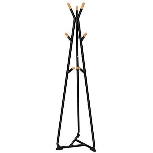 SONGMICS Coat Rack Stand, Coat Tree, Hall Tree Free Standing, with 9 Beech Wood Hooks, for Clothes, Hat, Bag, Black, Natural Grain URCR15BY
