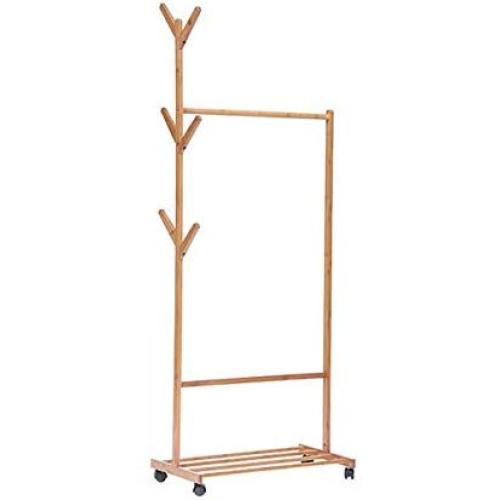 Cxjff Floor Standing Coat Rack Clothes Hat Stand Floor Standing Coat Rack Clothes Hat Stand Hanger Layer Shoes Shelf Wheels 2 Poles 6 Hooks Bamboo, Log Color, 3 Hanger Modern (Size : 70x38x176CM)