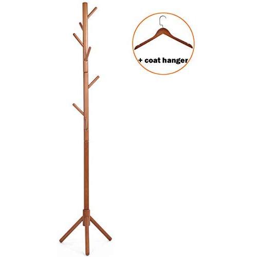 Owoland Coat Rack Stand 8 Hook Adjustable Height Wooden Entryway Hall Tree for Hat, Clothes, Suits, Scarves, Handbags, Umbrella with Free Coat Hanger-(Coffee)