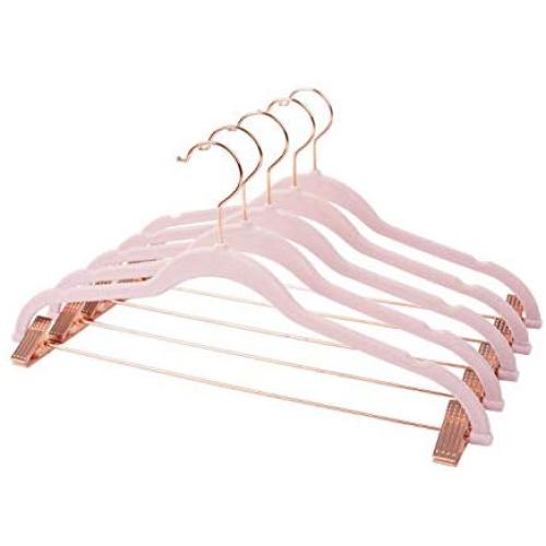 OnCloud-7 Pink Velvet Hangers with Clips 20 Pack, Non Slip Pants and Skirt Hangers with Rose Gold Hooks