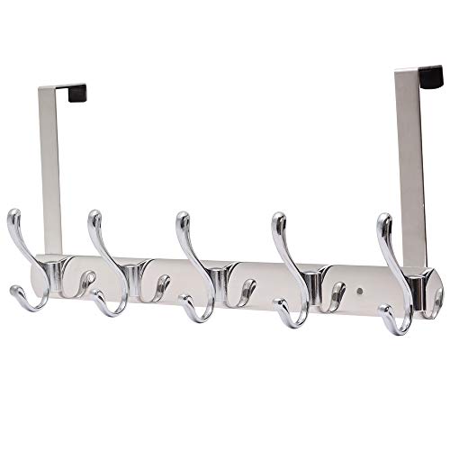 CHICHIC Over The Door/Wall Mounted Coat Rack 5 Hooks Organizer Rack Hook Hanger Heavy Duty Stainless Steel Metal Hook Rail for Coats Hats Towel Robes Purse Jacket, Mudroom Bathroom Entryway Bedroom