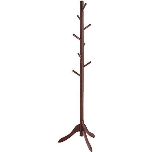 VASAGLE Coat Rack Free Standing, Wooden Hall Tree Coat Hat Tree Coat Hanger Holder Enterway with Solid Rubberwood Base for Coat, Hat, Clothes, Scarves, Handbags,Umbrella, Dark Walnut URCR01WN