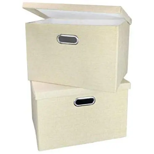 SUPPEL Collapsible File Storage Bins(2-Pack), Clothes Storage Containers, Shelf Storage Bins, Closet Organizer Boxes,Living Room Organizers Baskets, Lidded and Handled, 15.5x10.8x9.8 inch, Beige
