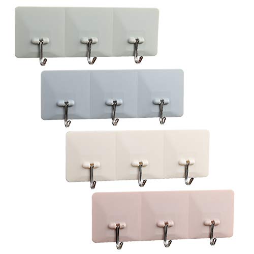 LANMOK 4 Pcs Self Adhesive Plastic Hook Rack Wall Mounted Hanger Bath Towel Holder with 3 Hooks Hat Bathrobe Coat Hooks for Bathroom Kitchen Lavatory