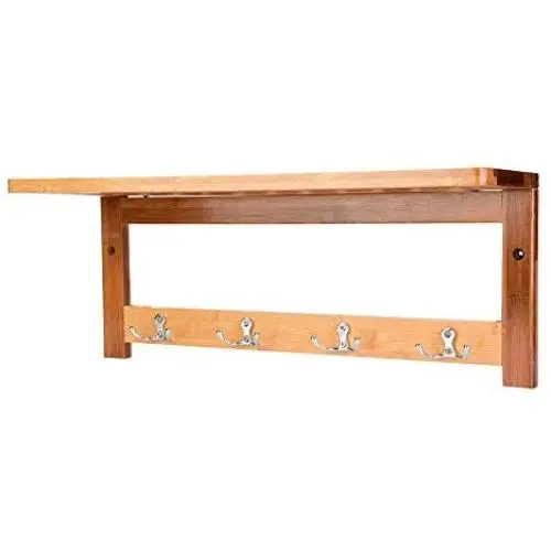 Bamboo Wall Mounted Coat Rack Shelf, Floating Entryway Hanging Shelf Hanger Towel Cloth Shelf with 4 Hooks for Bathroom, Hallway, Living Room and Kitchen Bamboo Wall Mounted Coat Rack Shelf, Floating Entryway Hanging Shelf Hanger Towel Cloth Shelf with 4 Hooks for Bathroom, Hallway, Living Room and Kitchen