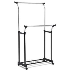 Heize best price Double Bar Adjustable Garment Rack Rolling Clothes Hanger with Shoe Rack Portable (U.S. Stock)