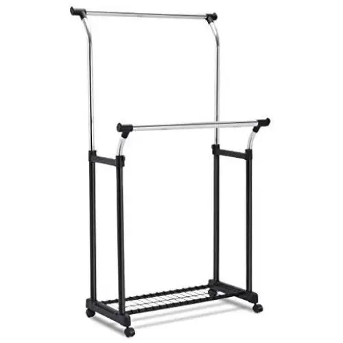 Heize best price Double Bar Adjustable Garment Rack Rolling Clothes Hanger with Shoe Rack Portable (U.S. Stock)