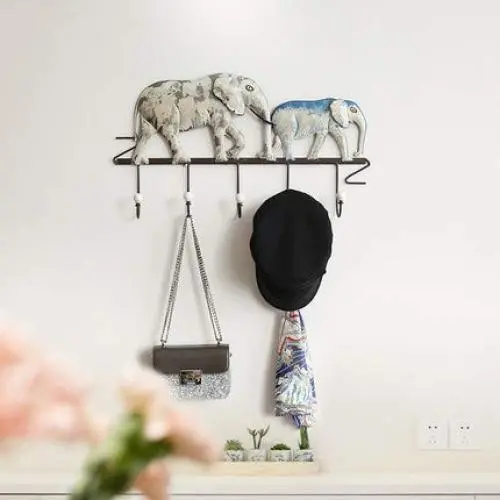 XMZFQ Coat Rack Wall Mounted, Decorative Clothes Belt Hanger and Hat Organizer, Entryway Dog Leash Hooks and Key Holder, Cartoon Elephant Pattern