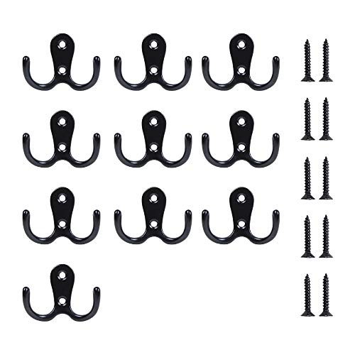 10 Pieces Double Prong Robe Hook Rustic Hooks Retro Cloth Hanger with 20 Pieces Screws, Black Color