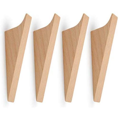 Pack of 4, Contracted Style, Coat Hooks Wall Mounted Handmade Natural Beech Wood Hook Vintage Wooden Hat Rack Entryway Bathroom Organizer Hanger Craft Single Towel Hangers Home and Kitchen Use Key