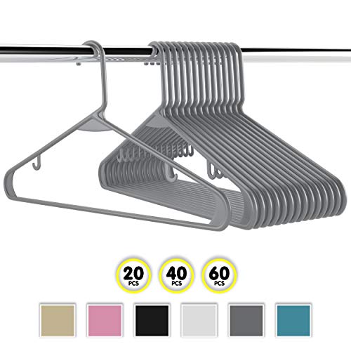 Neaterize Plastic Clothes Hangers| Heavy Duty Durable Coat and Clothes Hangers | Vibrant Colors Adult Hangers | Lightweight Space Saving Laundry Hangers | 20, 40, 60 Available (20 Pack - Grey)