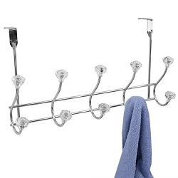 Home Basics 5 Hook Over the Door Hanging Rack with Crystal Knobs, Multipurpose for Hanging Clothes, Coats, Towels Robes, Chrome