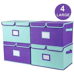 TQVAI Large Folding Lidded Storage Cube Boxes(4 Pack) with Lids/Label Card Holder Non-Woven Stackable Clothes Bin Container Kids Toy Organizer with Dividers, Mint&Purple