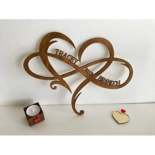 Personalized Infinity Symbol Custom Wood Wedding Sign Couple Names Established Year Heart Sign Wooden Love Heart Shape Wedding Gift Wall Hanging Door Hanger Est. Family Gift for Couples Home Decor