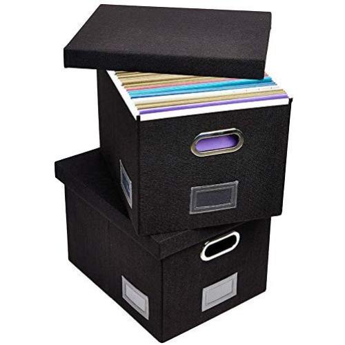 Superjare Updated File Boxes for Hanging Files, Set of 2, Storage Office Boxes with 60 lbs Weight Capacity, Durable MDF Board & Linen Fabric, File Storage Organizer for Letter/Legal - Black