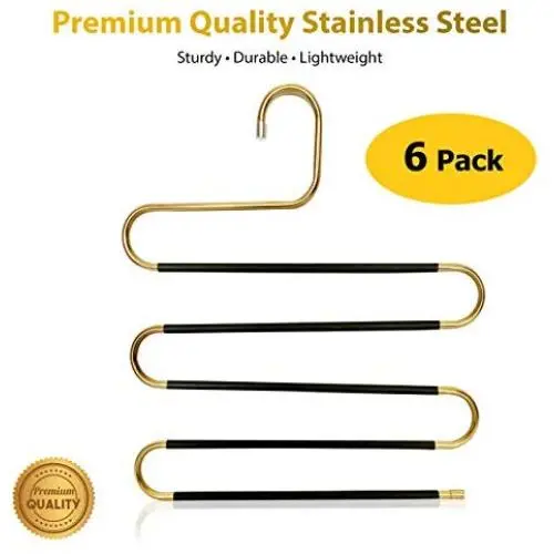 Sturdii & Co. Pants Hangers Space Saving - S-Shaped Multi-Layer, for Clothes, Pants, Jeans, Scarf, Skirt, Belt, 5 Layers Stainless Steel Non-Slip, Premium Collection Bronze, 6 Pack