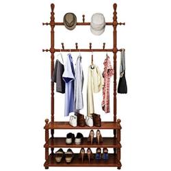 Cxjff Free Standing Coat Rack Clothes Hat Stand Hanger 3 Layers Shoes Shelf Solid Wood 11 Hooks, 80 29.5 165CM (Color : Brown)