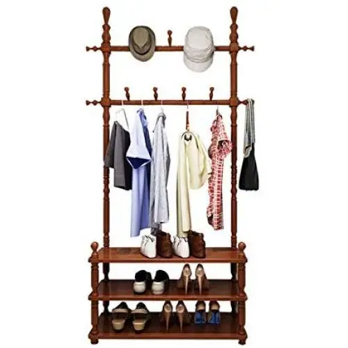 Cxjff Free Standing Coat Rack Clothes Hat Stand Hanger 3 Layers Shoes Shelf Solid Wood 11 Hooks, 80 29.5 165CM (Color : Brown)