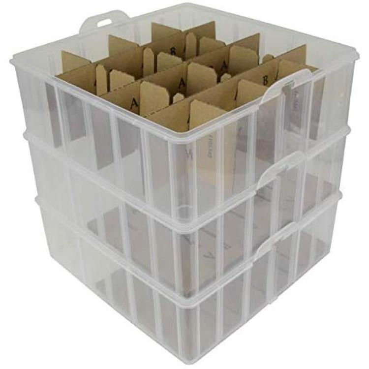 Sterilite 1427 Stack & Carry 2 Layer 24 Ornament Storage Box, Red Lid and Handle, See-Through Layers