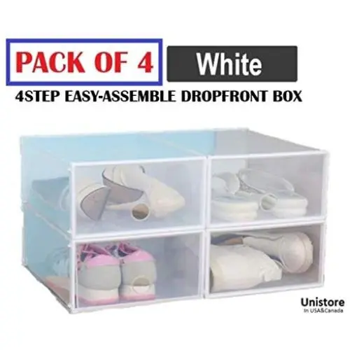 [2020 Edition] Unistore SB21 Stackable Dropfront easy assemble clear plastic Drawer/Shoe box. Easy DIY storage solution for clean organization.[4 Packs] 13&quotx10&quotx5", quart/654 cubic inches-(White)