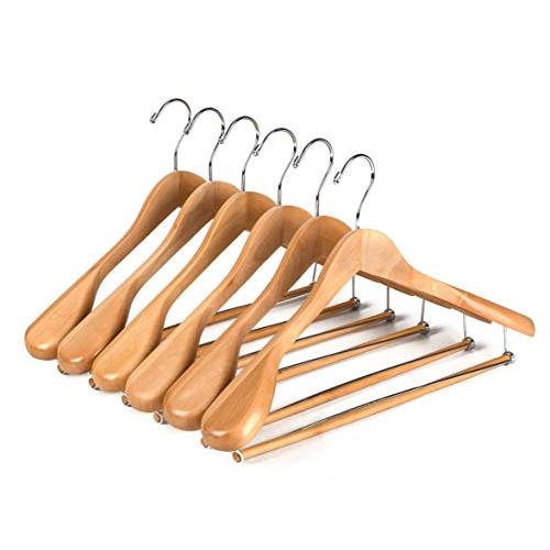 6 Quality Luxury Wooden Suit Hangers Wide Wood Hanger for Coats and Pants with Locking Bar (6, Natural Finish)