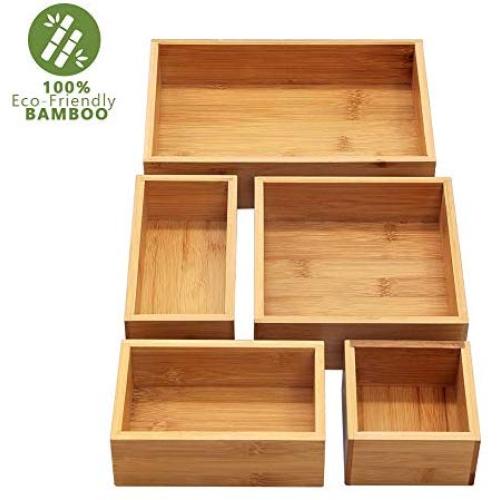 INTERGREAT 5-Piece Bamboo Storage Boxes Drawer Organizer Set Storage Organizer Divider for Office Desk Supplies and Accessories