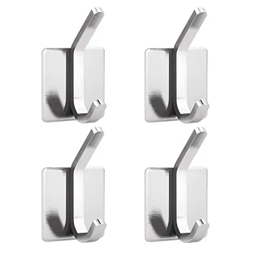 Towel Hooks Self Adhesive Robe Hooks Heavy Duty Wall Hooks for Hanging Bag Coat Hats Key Stick on Wall Hanger, Bathroom Kitchen Office Organizer Metal Stainless Steel Brushed, 4 Packs