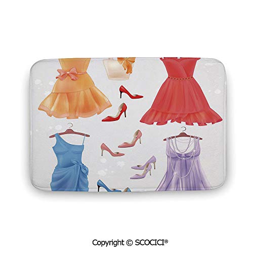 Bathroom Rug Coral Velvet Shower Mat Heels and Dresses,Set of Festive Attire for Party Fashion Female Cocktail Dresses on Hanger,MulticolorBath Tub Shower Bathroom