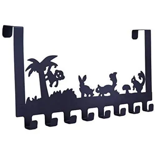 BAOYOUNI Over The Door Hook Rack Metal Decorative Organizer Tree & Animals Design Storage Hanger with 8 Hooks for Kitchen Bathroom Office Hanging Clothes, Coat, Hat, Belt, Towels (Black)