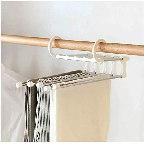 5pcs Color Random Portable 5-in-1 Clothes Hanger Clothing Organizer Multi-Function Stainless Steel Pants Hanger Holder Rack Hangers for Clothes