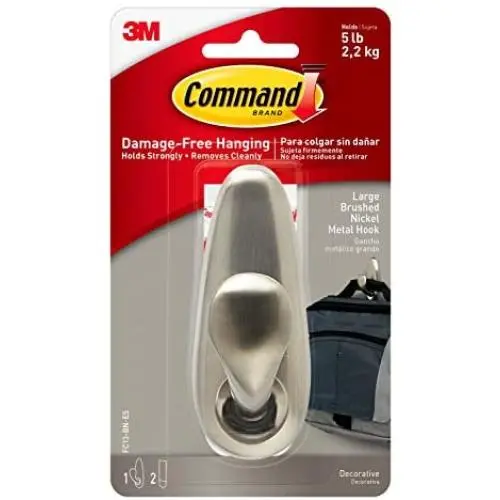 Command Large Metal Hook, Brushed Nickel, Indoor Use, 1-Hook, 2-Strips, Decorate Damage-Free