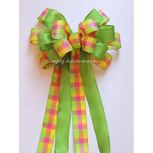 Orange Yellow Lime Plaid Bow Yellow Lime Easter Wreath Bow, Spring Check Wreath Bow Spring Plaid Door Hanger Bow Yellow Green Plaid Bridal Shower Baby Shower, Spring Birthday Party Decorations