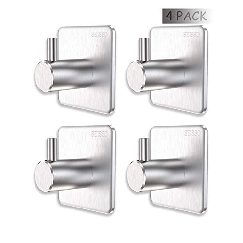 Adhesive Hooks 4 Pack Metal Large for Hanging Coats Storage Wall Mount Hooks Heavy Duty Wall Hangers Without Nails Durable Organizer Closet Brushed Stainless Steel