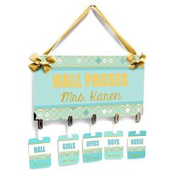 Personalized School Hall Passe with Hanger Clip, Moroccan Style in Teal Accents