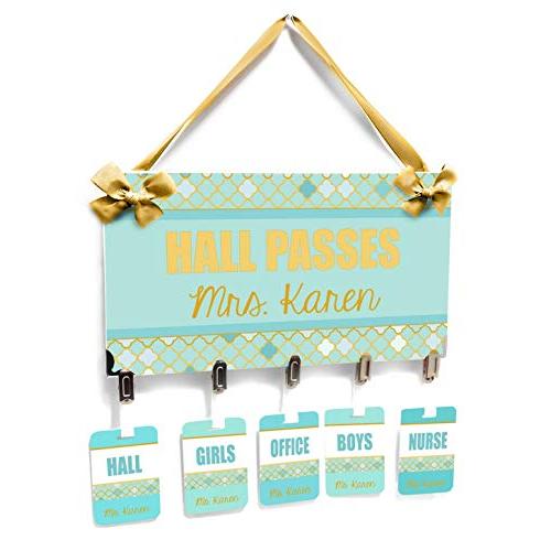 Personalized School Hall Passe with Hanger Clip, Moroccan Style in Teal Accents