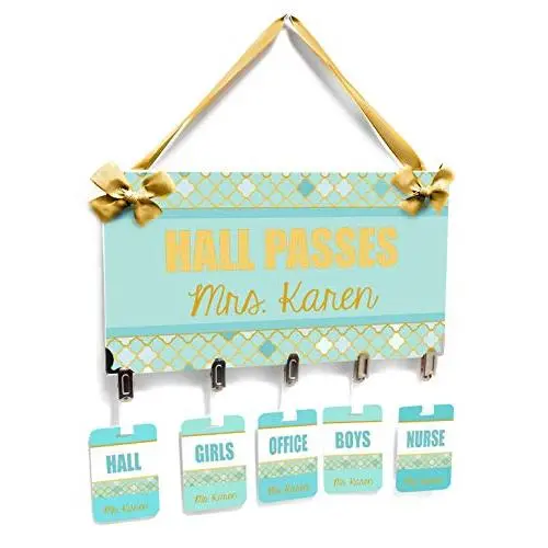 Personalized School Hall Passe with Hanger Clip, Moroccan Style in Teal Accents Personalized School Hall Passe with Hanger Clip, Moroccan Style in Teal Accents