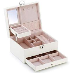 RR ROUND RICH DESIGN Jewelry Boxes - 2 Level Multifunctional Large Jewelry Organizer Storage Case with Top Mirror Drawer and Metal Lock - White
