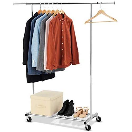 Bextsware Clothes Garment Rack On Wheels, Expandable Single Rail Heavy Duty Commercial Grade Hanging Closet Organizer Stand Clothing Rack with Mesh Bottom Shelves for Boxes Shoes Storage, Chrome